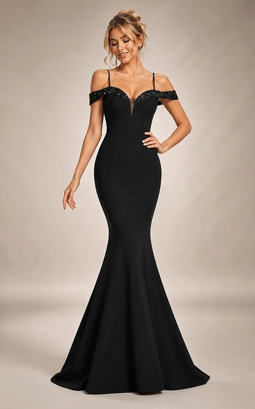 Jersey Evening Dress in Black, Off-the-shoulder, Sweetheart Mermaid Floor-Length Gown with Beading