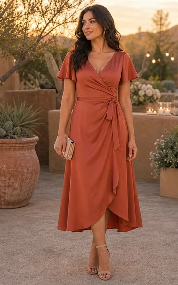 Orange Chiffon V-neck Flutter Sleeve Wrap Dress