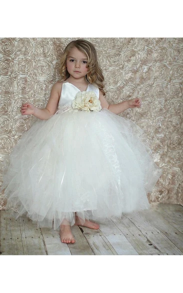 V Neck Tiered Tulle Ball Gown With Flower Sash