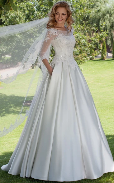 Floor-Length Ball Gown Appliqued Scoop Neck 3-4 Sleeve Satin Wedding Dress