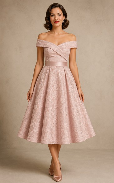 Blush Off-the-Shoulder Tonal Lace Tea-length A-Line Dress