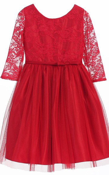 Tea-Length Bowed Lace&Satin Flower Girl Dress