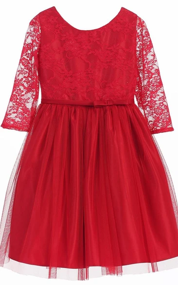 Tea-Length Bowed Lace&Satin Flower Girl Dress