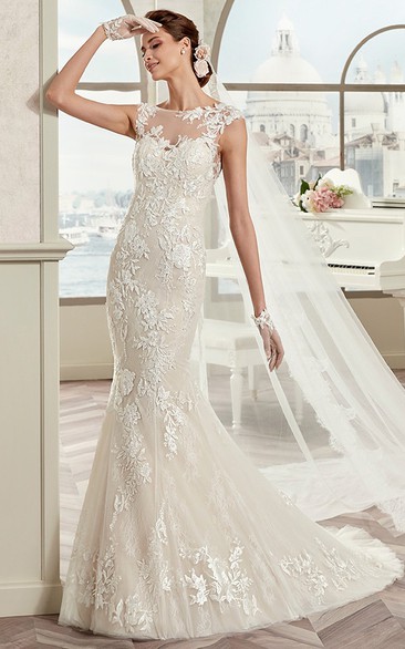 Cap Sleeve Sheath Mermaid Bridal Gown With Illusive Neckline And Open Back