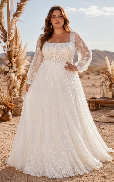 Plus Size Square Neck Long Sleeve Tulle A-Line Wedding Dress with Lace Bodice