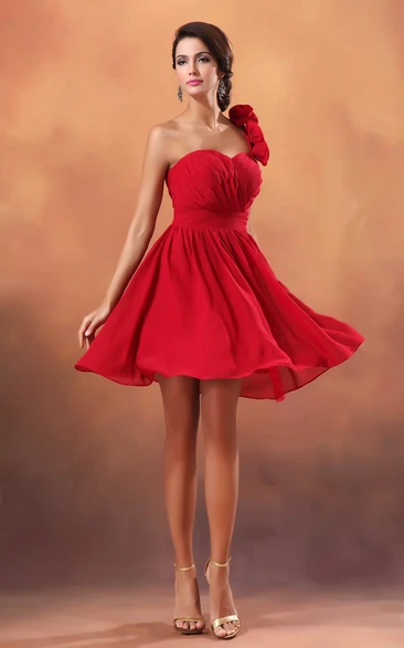 Knee-Length Chiffon Dress With Pleating and Floral Strap