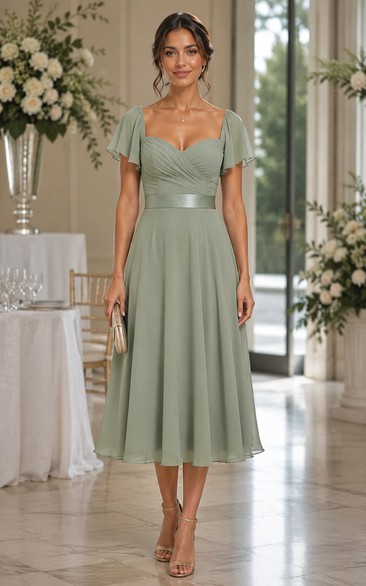 Sage Sweetheart Chiffon Cap Sleeve Tea-Length Dress