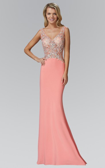 Sheath Floor-Length V-Neck Sleeveless Jersey Keyhole Dress With Beading