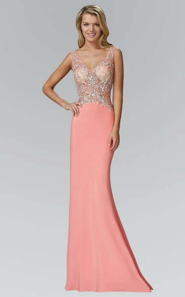 Sheath Floor-Length V-Neck Sleeveless Jersey Keyhole Dress With Beading