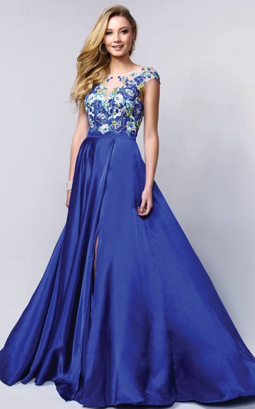 A-Line Scoop-Neck Cap-Sleeve Satin Low-V Back Dress With Split Front And Appliques