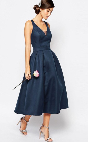 A-Line V-Neck Tea-Length Sleeveless Satin Blue Bridesmaid Dress