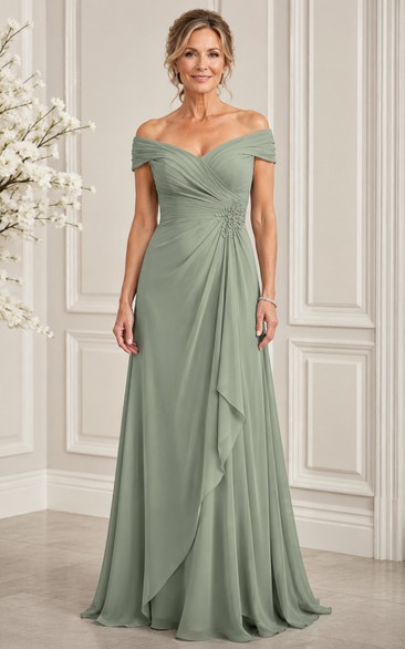 Sage Off-the-Shoulder A-Line Chiffon Mother Dress