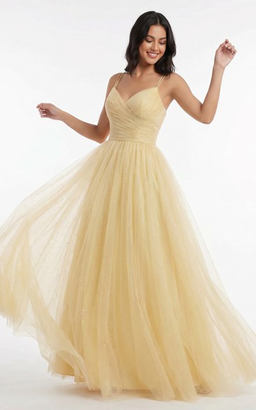 Daffodil Glitter Ball Gown Tulle A-Line Prom Dress with Double Spaghetti Straps