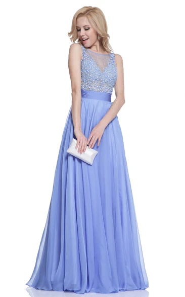 A-Line Long Scoop-Neck Sleeveless Chiffon Low-V Back Dress With Beading And Pleats
