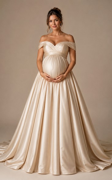 Maternity Ball Gown Satin Maternity Dress with Off-the-shoulder, Short Sleeve and Pleats Drape, Floor Length