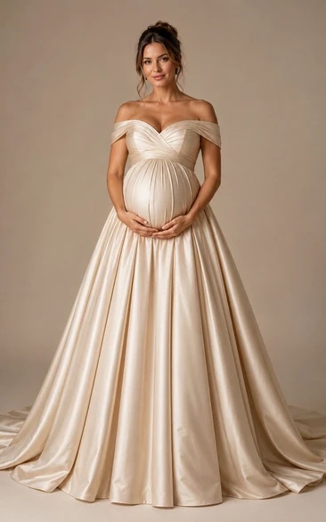 Maternity Ball Gown Satin Maternity Dress with Off-the-shoulder, Short Sleeve and Pleats Drape, Floor Length