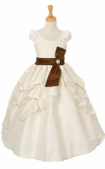 Ankle-Length Floral Tiered Bowed Flower Girl Dress With Split Front
