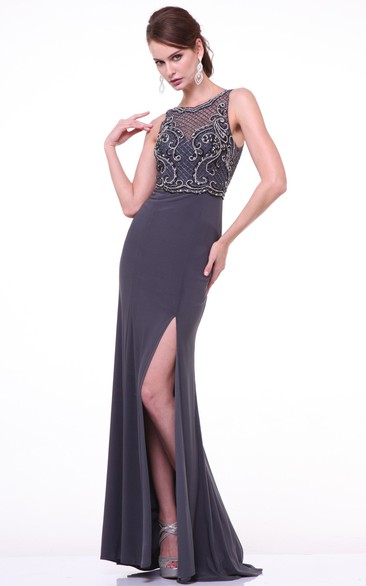 Sheath Bateau Sleeveless Jersey Illusion Dress With Split Front And Beading