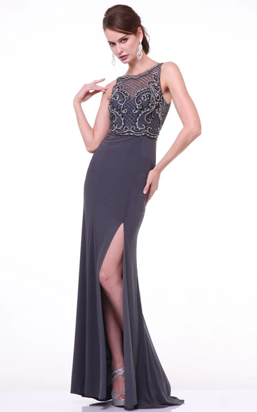 Sheath Bateau Sleeveless Jersey Illusion Dress With Split Front And Beading