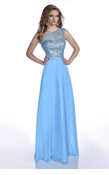 A-Line Jewel Neck Sleeveless Chiffon Prom Dress With Keyhole Back And Rhinestones