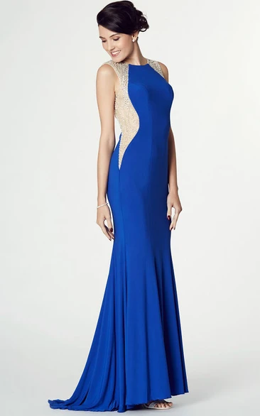 Scoop Neck Sleeveless Beaded Jersey Prom Dress With Brush Train