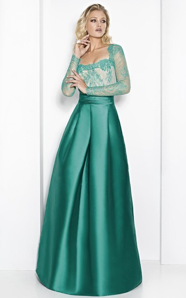 A-Line Long-Sleeve Square-Neck Long Satin&Lace Prom Dress