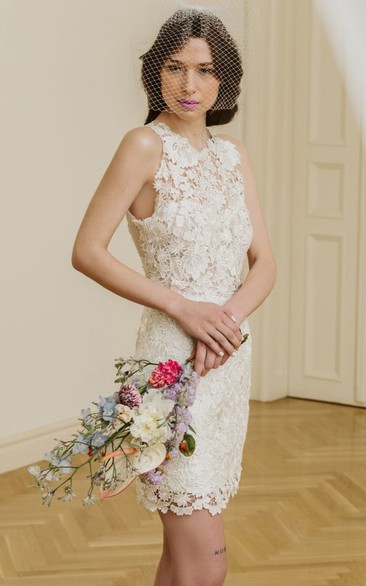 Modern Lace Short Sleeveless A Line Keyhole Wedding Dress
