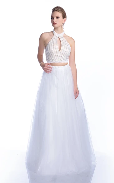 A-Line Sleeveless Crop Top Tulle Prom Dress With Halter And Crystal Bodice