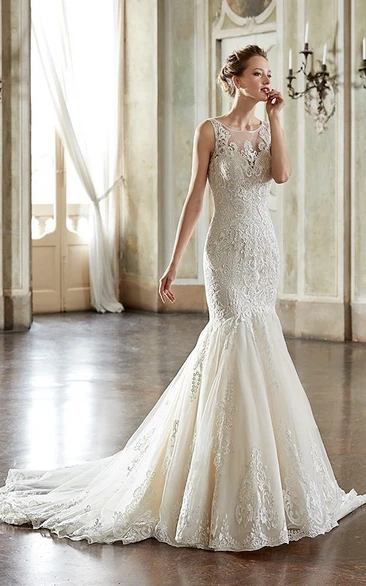 Mermaid Appliqued Floor-Length Scoop-Neck Sleeveless Lace Wedding Dress
