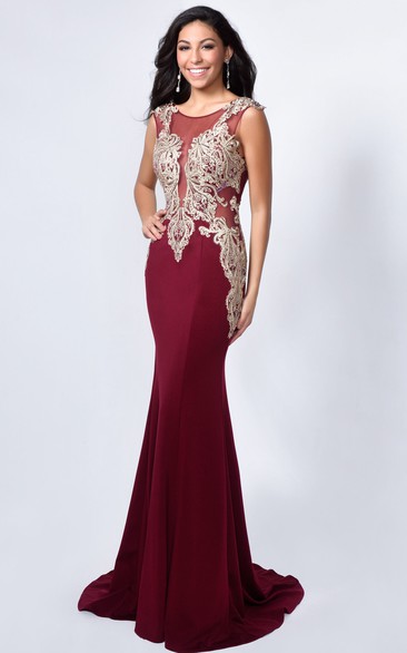 Sheath Scoop-Neck Sleeveless Jersey Low-V Back Dress With Beading