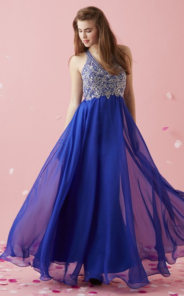 A-Line Floor-Length V-Neck Sleeveless Chiffon Straps Dress With Beading