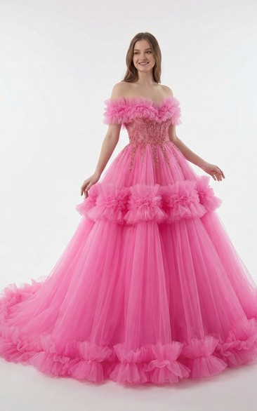 Hot Pink Quinceanera Ball Gown Off Shoulder Floral Ruffle Tulle Dress