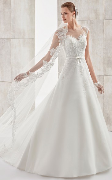 Jewel-Neck Cap-Sleeve A-Line Long Wedding Dress With Illusive Design And Appliques