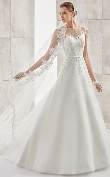 Jewel-Neck Cap-Sleeve A-Line Long Wedding Dress With Illusive Design And Appliques
