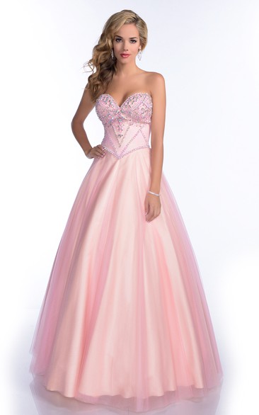 Sweetheart A-Line Tulle Gown With Rhinestone Bust And Lace-Up Back