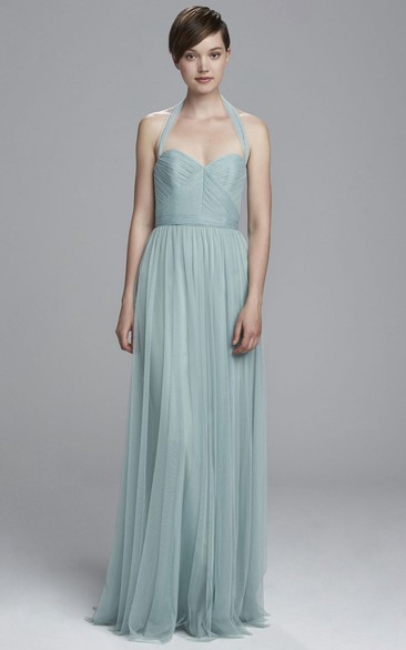 A-Line Maxi Sleeveless Haltered Ruched Tulle Bridesmaid Dress With Pleats