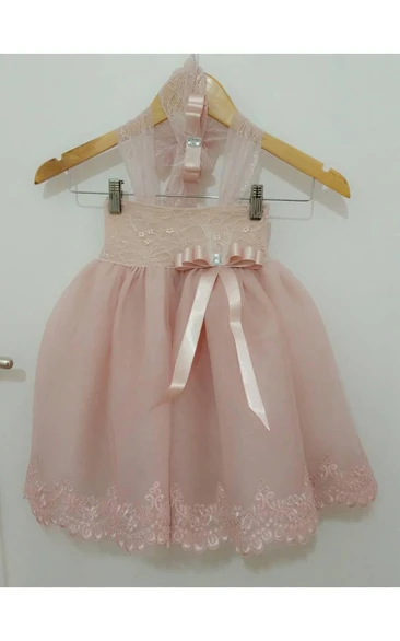 Halter Pleated Organza Ball Gown With Applique and Bow