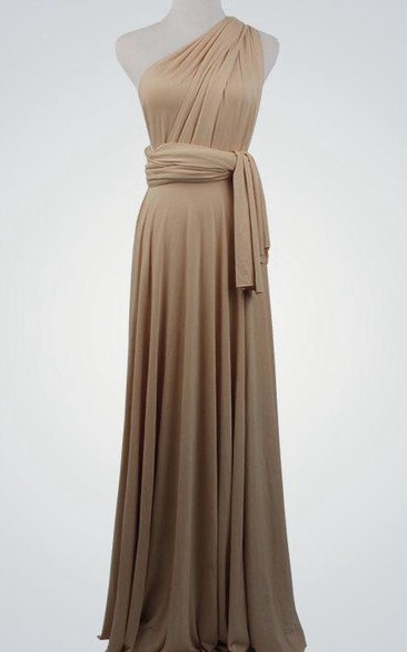 One Shoulder A-line Pleated Jersey Long Dress With Sash