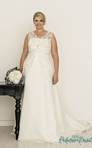 Sleeveless V-Neck Satin Plus Size Wedding Dress