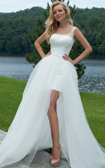Square Floor-Length Lace Tulle Wedding Dress With Bow And Illusion