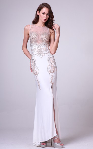 Sheath Scoop-Neck Sleeveless Jersey Keyhole Dress With Split Front And Beading