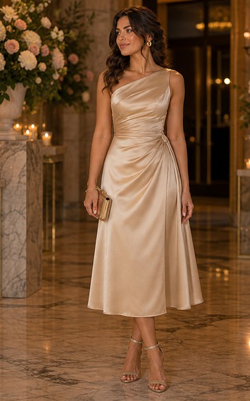 Champagne One-Shoulder Satin A-Line Tea-Length Dress