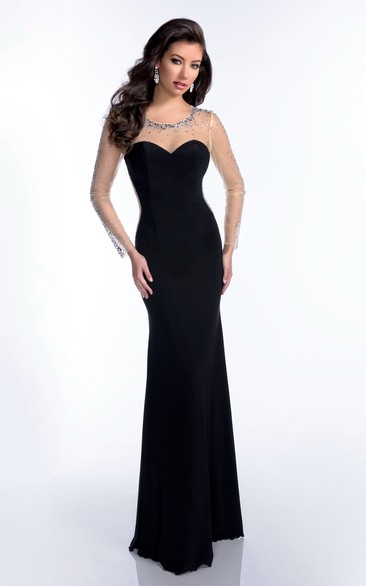 Sheath Long Illusion Sleeve Jersey Prom Dress With Shining Trim