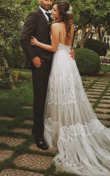 Ethereal Spaghetti Tulle Illusion Lace Country Boho Wedding Dress