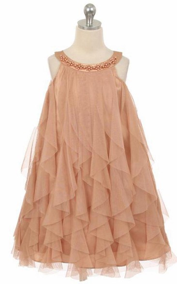 Tea-Length Floral Floral Beaded Satin Flower Girl Dress With Ruffles