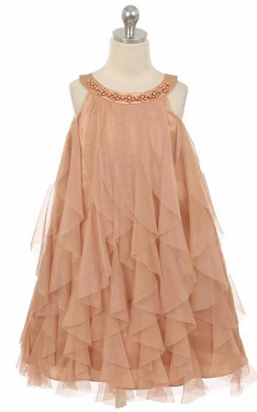 Tea-Length Floral Floral Beaded Satin Flower Girl Dress With Ruffles
