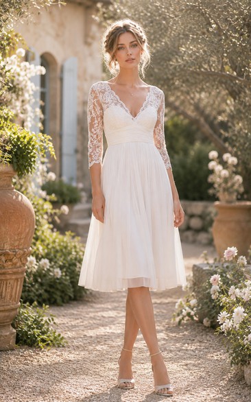 Robe de mariée ivoire en dentelle, col en V, manches longues, longueur thé