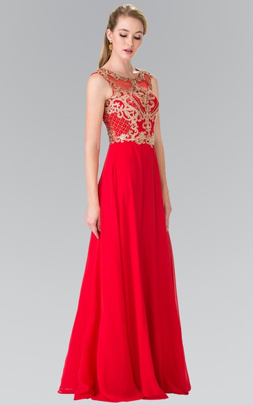 A-Line Scoop-Neck Sleeveless Jersey Illusion Dress With Appliques