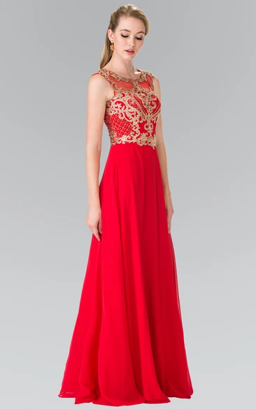 A-Line Scoop-Neck Sleeveless Jersey Illusion Dress With Appliques