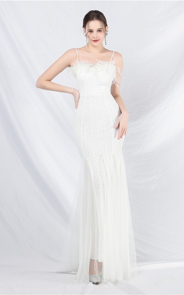 Craft Ostrich Feather Mesh Sequined Long Evening Dress